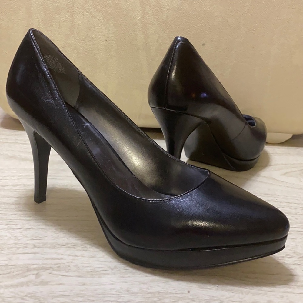 Nine West Plateau Black Leather Stiletto Platform Pumps Heels
